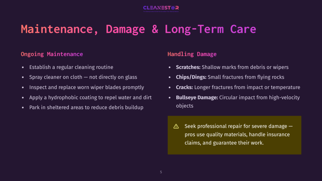 5 Maintenance Damage And Long Term Care Cleanestor Maintenance, Damage, And Long-Term Care Guide: Establish Regular Cleaning, Spray Cleaner On Cloth, Inspect/Replace Wiper Blades, Apply Hydrophobic Coating, Park In Sheltered Areas. Handling Damage: Scratches, Chips/Dings, Cracks, Bullseye Damage. Seek Professional Repair For Severe Damage.