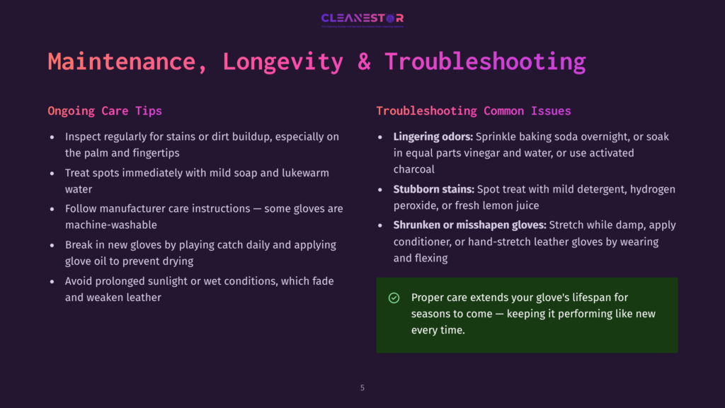 Cleanestor Logo At Top. Slide Titled &Quot;Maintenance, Longevity &Amp; Troubleshooting&Quot; With Two Columns: &Quot;Ongoing Care Tips&Quot; And &Quot;Troubleshooting Common Issues&Quot;.