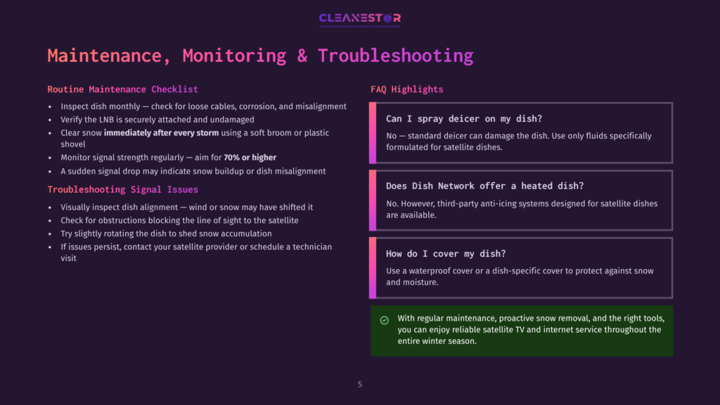 Cleanestor Logo And Text On A Dark Purple Background. The Text Reads &Quot;Maintenance, Monitoring &Amp; Troubleshooting&Quot; And Lists Tips For Satellite Dish Maintenance And Troubleshooting Signal Issues.