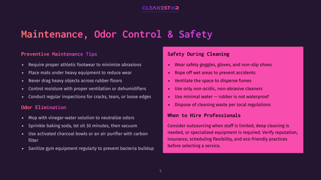 5 Maintenance Odor Control And Safety A Pink-Themed Poster On A Dark Background With Sections Titled &Quot;Preventive Maintenance Tips,&Quot; &Quot;Odor Elimination,&Quot; And &Quot;Safety During Cleaning.&Quot; It Includes Tips Such As Wearing Safety Goggles And Using Vinegar-Water Solutions To Neutralize Odors.