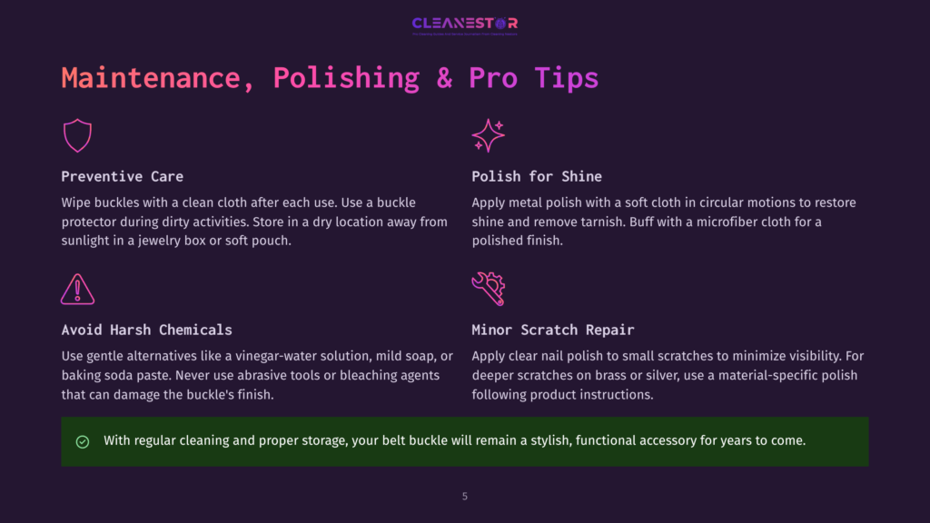 Graphic With Text On Maintenance, Polishing, And Pro Tips For Belt Buckles, Including Preventive Care, Avoiding Harsh Chemicals, Shine, And Scratch Repair.