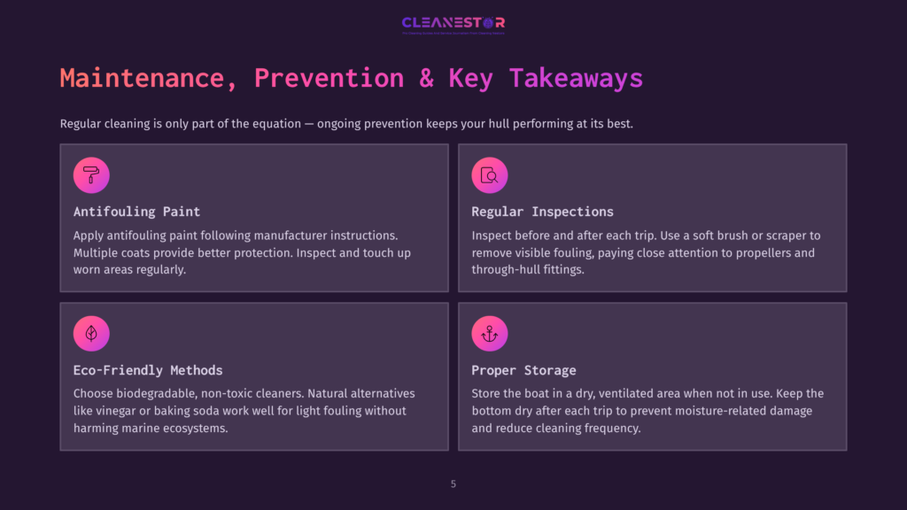 Cleanestor Graphic: Maintenance, Prevention &Amp; Key Takeaways For Regular Boat Hull Cleaning. Four Sections Detail Antifouling Paint, Regular Inspections, Eco-Friendly Methods, And Proper Storage.
