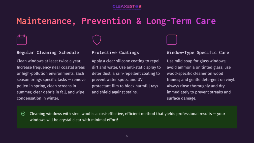 A Purple Banner With White Text Outlines Maintenance, Prevention, And Long-Term Care For Windows. Icons For Regular Cleaning, Protective Coatings, And Window-Type Specific Care Accompany The Text.