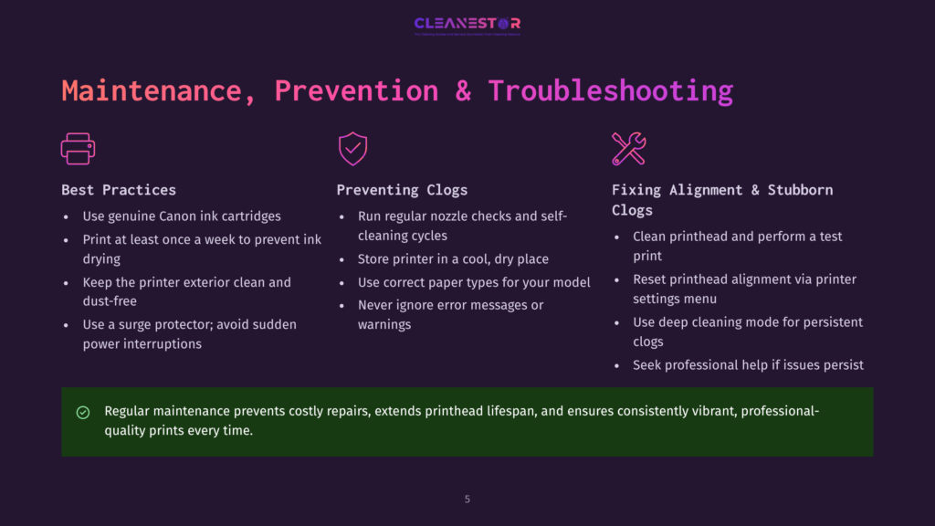 Dark Purple Background With &Quot;Cleanestor&Quot; Logo At The Top. Below, &Quot;Maintenance, Prevention &Amp; Troubleshooting&Quot; Is In Large, Bright Pink Text. Three Columns Of Text With Icons Detail Best Practices, Preventing Clogs, And Fixing Alignment Issues For Printers.