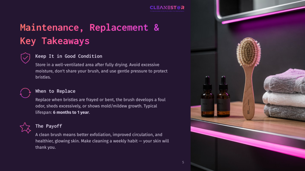 A Wooden-Handled Facial Cleansing Brush With Natural Bristles Sits On A Bathroom Counter Next To Two Amber Glass Dropper Bottles And Neatly Folded Grey Towels. Text On The Left Discusses &Quot;Maintenance, Replacement &Amp; Key Takeaways&Quot; For Facial Brushes.
