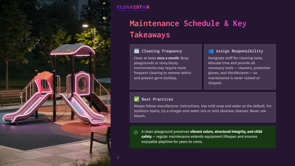 5 Maintenance Schedule And Key Takeaways 1 Playground Maintenance Schedule And Takeaways, Featuring A Colorful Modern Playground At Dusk With Slides And Climbing Structures. Text Overlays Emphasize Cleaning Frequency, Assigning Responsibility, Best Practices, And The Benefits Of Regular Maintenance For Playground Safety And Longevity.