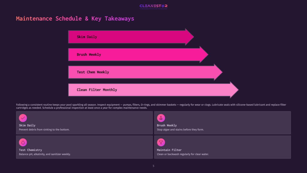 A Maintenance Schedule Graphic With Pink Arrows Indicating Tasks: Skim Daily, Brush Weekly, Test Chem Weekly, And Clean Filter Monthly. Below, Icons Represent Skin Daily, Brush Weekly, Test Chemistry, And Maintain Filter.