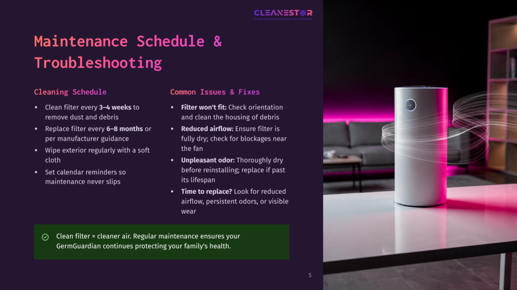 Cleanestor Air Purifier Maintenance Schedule And Troubleshooting Guide On A Dark Background, With A White Air Purifier Visible On A Table In The Background.