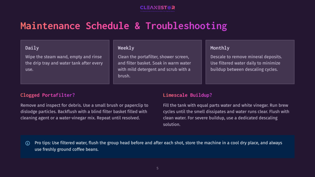 5 Maintenance Schedule And Troubleshooting 5 A Graphic Displaying A Coffee Machine Maintenance Schedule With Sections For Daily, Weekly, And Monthly Tasks, Along With Clogged Portafilter And Limescale Buildup Troubleshooting Tips.