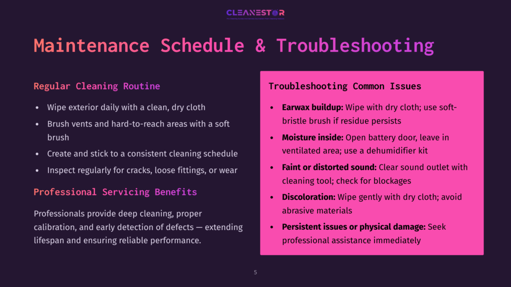 Cleanestor Maintenance Schedule And Troubleshooting Guide, Covering Regular Cleaning Routines And Common Issues Like Earwax Buildup And Moisture.
