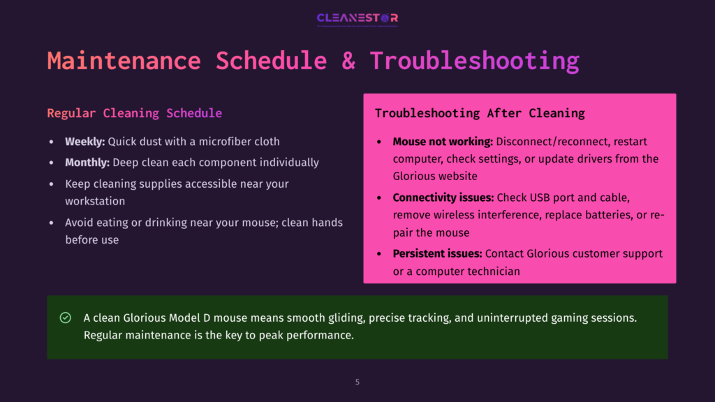 5 Maintenance Schedule And Troubleshooting 7 Maintenance Schedule And Troubleshooting For A Glorious Model D Mouse. Sections Include Regular Cleaning Schedule And Troubleshooting After Cleaning. Weekly Cleaning With A Microfiber Cloth, Monthly Deep Cleaning, Keeping Supplies Accessible, Avoiding Eating Or Drinking Near The Mouse, And Cleaning Hands Before Use. Troubleshooting Includes Mouse Not Working, Connectivity Issues, And Persistent Issues With Contact To Glorious Customer Support Or A Technician.