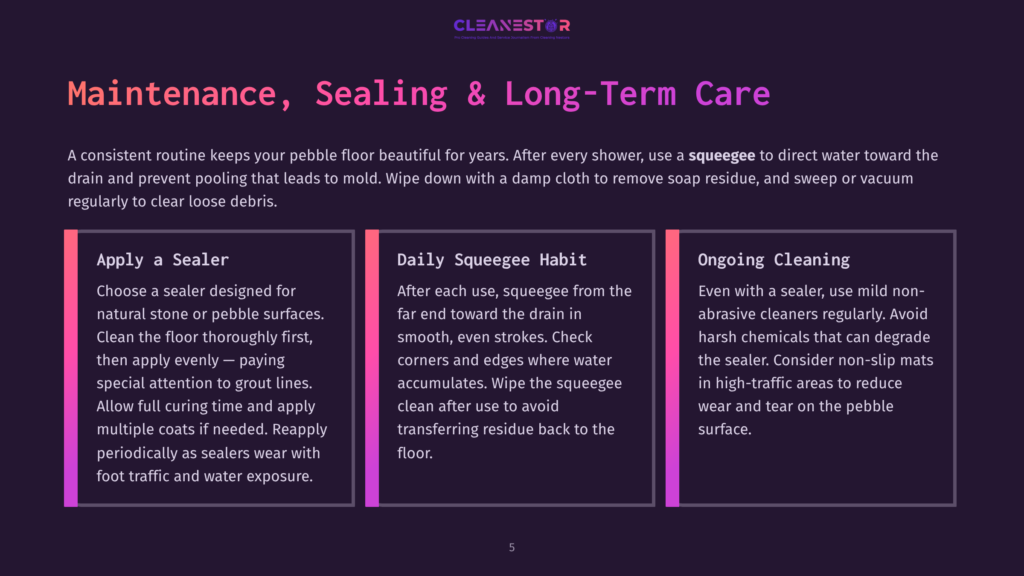 Graphic With Text: &Quot;Maintenance, Sealing &Amp; Long-Term Care&Quot; And Three Columns Detailing &Quot;Apply A Sealer,&Quot; &Quot;Daily Squeegee Habit,&Quot; And &Quot;Ongoing Cleaning&Quot; For Pebble Shower Floors.