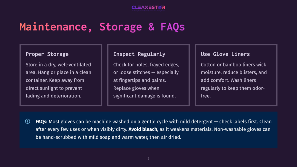5 Maintenance Storage And Faqs Cleanestor Logo With Text &Quot;Maintenance, Storage &Amp; Faqs&Quot; And Three Columns Detailing Proper Storage, Regular Inspection, And Glove Liner Use For Cleaning Gloves.