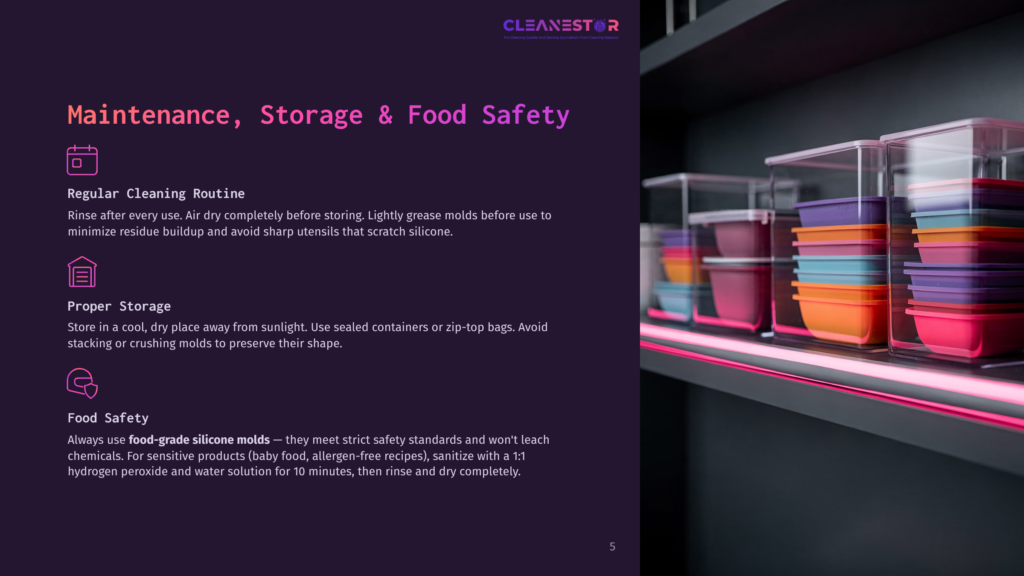 5 Maintenance Storage And Food Safety Cleanestor Logo And Text About Maintenance, Storage, And Food Safety For Silicone Molds. A Stack Of Colorful Silicone Food Storage Containers Is Visible In The Background.
