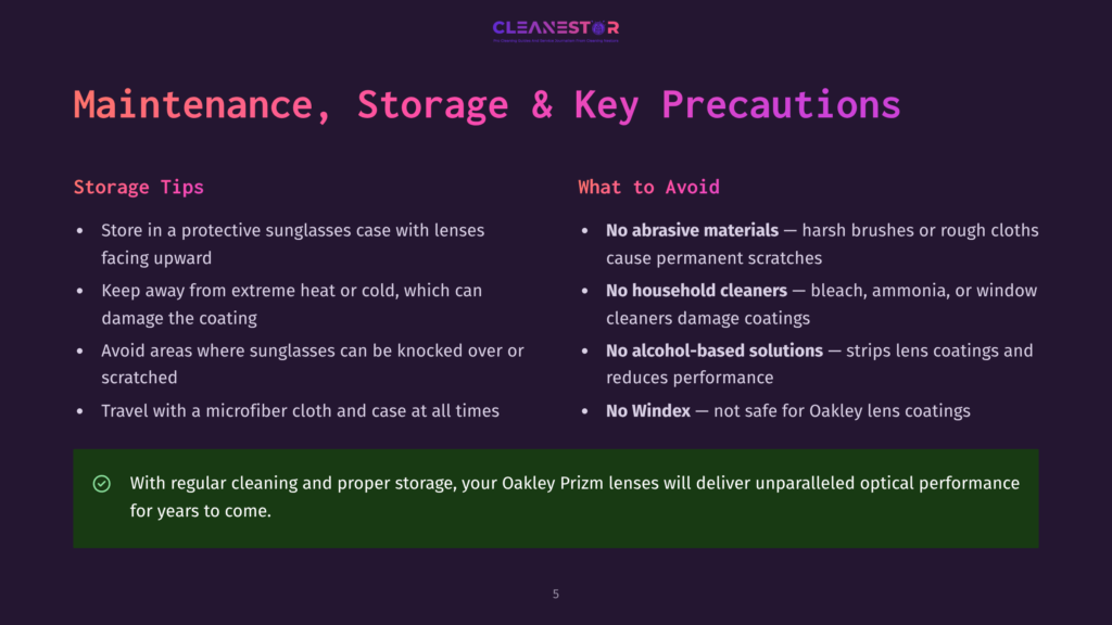 A Slide Titled &Quot;Maintenance, Storage &Amp; Key Precautions&Quot; For Oakley Prizm Lenses. It Lists Tips For Proper Storage And What To Avoid, Emphasizing Regular Cleaning For Optimal Optical Performance.