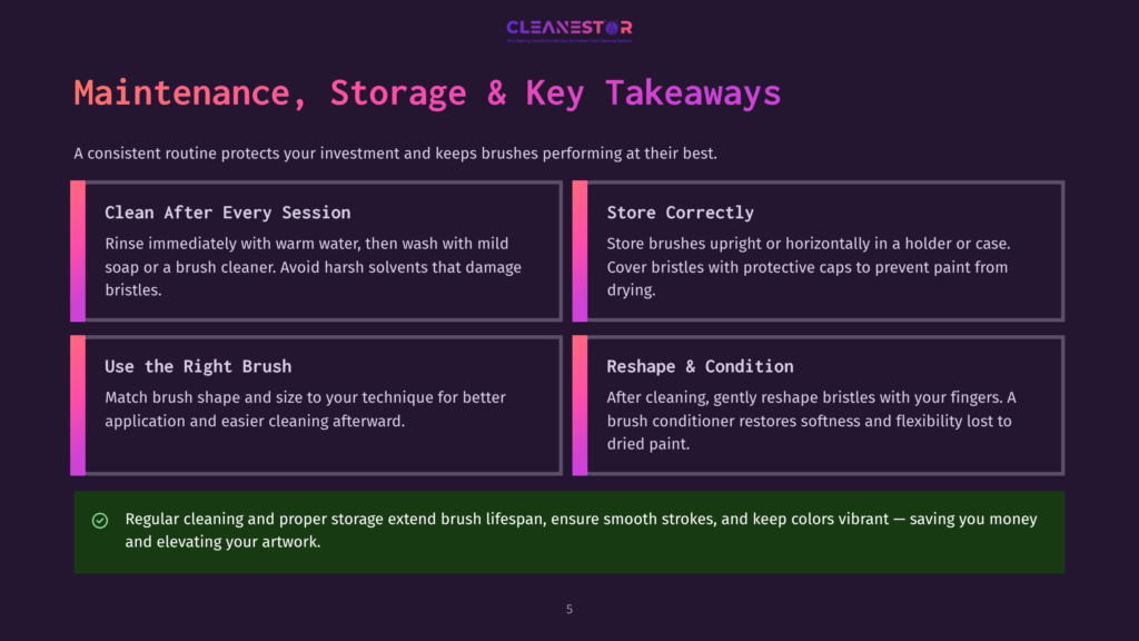 A Graphic Guide With A Purple Background Shows Tips For Brush Maintenance. It Includes Text For Clean After Every Session, Store Correctly, Use The Right Brush, And Reshape And Condition. The Section On Cleaning Explains Rinsing With Warm Water And Mild Soap, Avoiding Harsh Solvents.