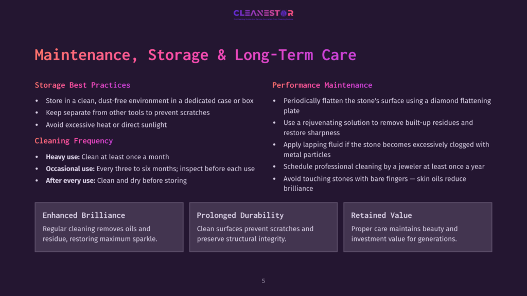 A Dark Purple Slide Titled &Quot;Maintenance, Storage &Amp; Long-Term Care&Quot; From Cleanestor, Detailing Best Practices For Stone Care, Cleaning Frequency, And Product Benefits Like Enhanced Brilliance, Prolonged Durability, And Retained Value.