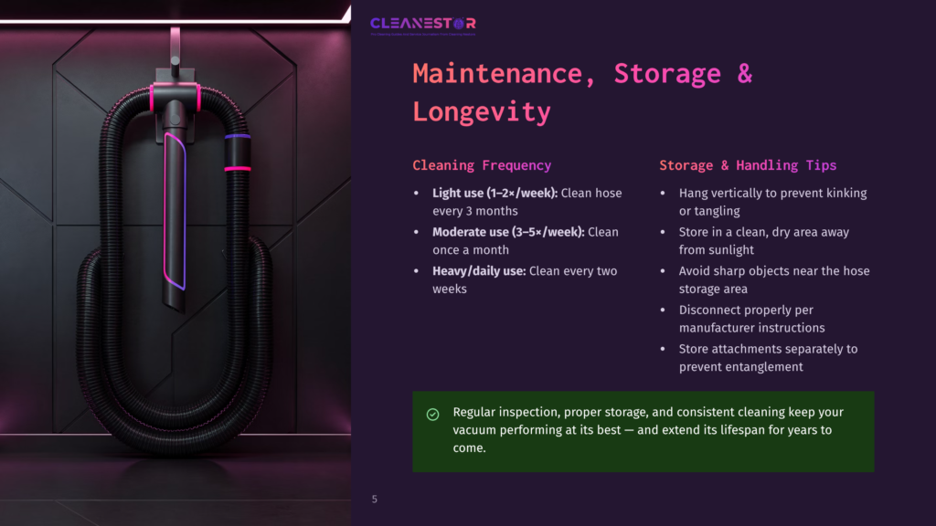 A Sleek, Black Vacuum Cleaner With A Long Hose And Multiple Attachments Hangs On A Dark Background With A Neon Light Illuminating The Brand &Quot;Cleanestor.&Quot; Text Provides Maintenance Tips, Including Cleaning Frequency And Storage Handling.