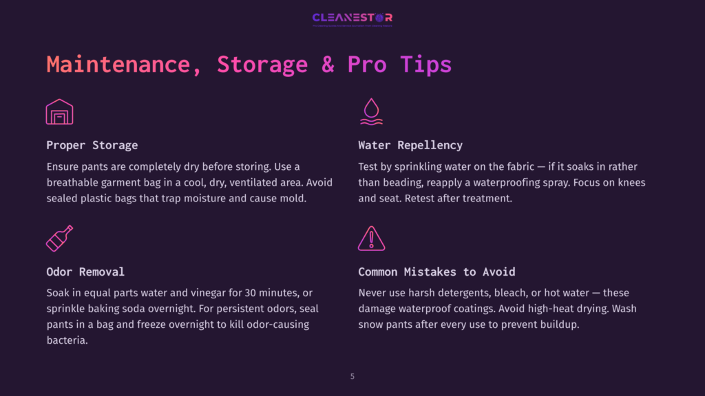 Infographic Titled &Quot;Maintenance, Storage &Amp; Pro Tips&Quot; With Sections On Proper Storage, Odor Removal, Water Repellency, And Common Mistakes To Avoid.