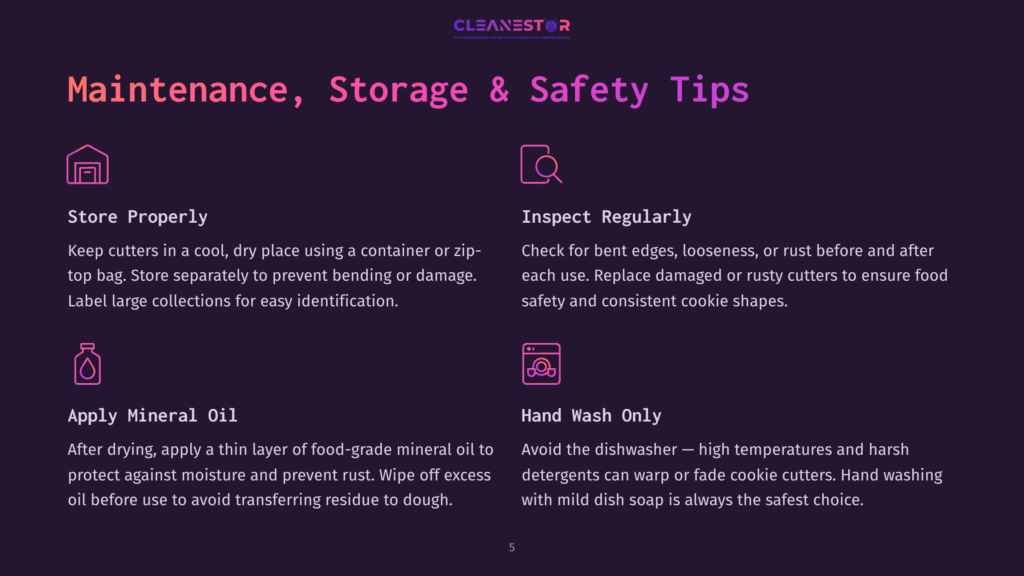 Graphic With Text: &Quot;Maintenance, Storage &Amp; Safety Tips&Quot; And Icons For Storing Cookie Cutters, Inspecting Them, Applying Mineral Oil, And Hand Washing.
