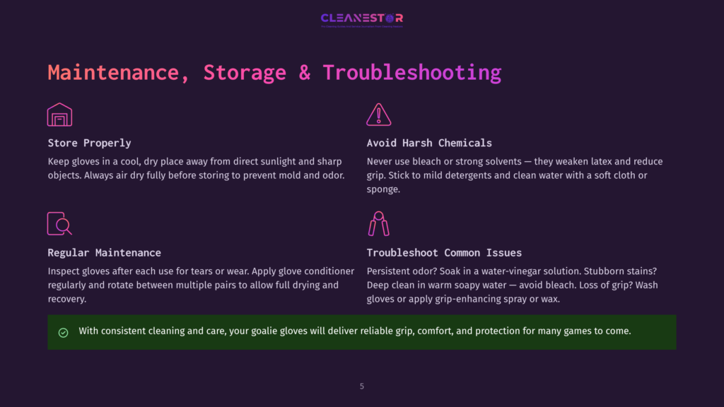 5 Maintenance Storage And Troubleshooting 1 A Webpage With A Purple Background Showing Maintenance Tips For Goalie Gloves, Including Storage Advice, Avoiding Harsh Chemicals, Regular Maintenance Steps, And Troubleshooting Common Issues.