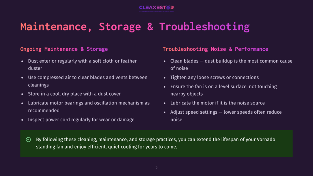 A Dark Purple Slide Titled &Quot;Maintenance, Storage &Amp; Troubleshooting&Quot; For A Vornado Standing Fan, Detailing Ongoing Maintenance, Storage, And Troubleshooting Tips.