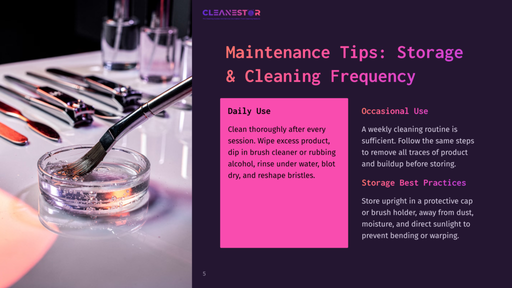 Close-Up Of A Makeup Brush Being Cleaned In A Small Glass Dish Filled With Clear Liquid, With Bottles And Other Makeup Tools In The Background. Text Reads &Quot;Cleanestor&Quot; And &Quot;Maintenance Tips: Storage &Amp; Cleaning Frequency&Quot;.