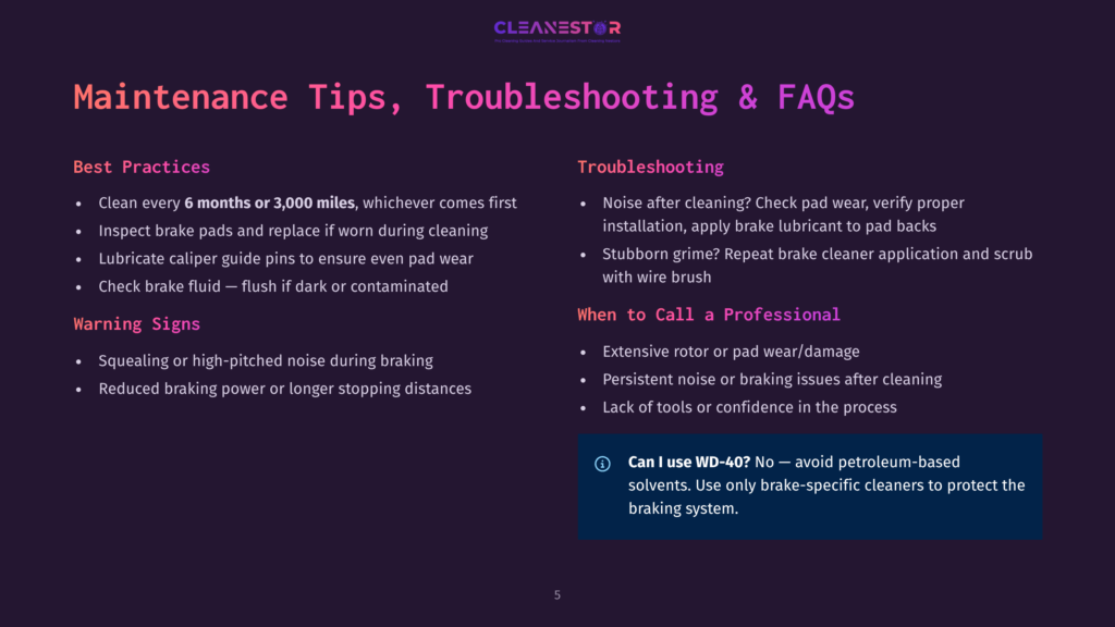 Cleanestor Logo At The Top Of A Slide Titled &Quot;Maintenance Tips, Troubleshooting &Amp; Faqs.&Quot; The Slide Is Divided Into Sections: Best Practices, Warning Signs, Troubleshooting, And When To Call A Professional, With Bullet Points Detailing Advice.