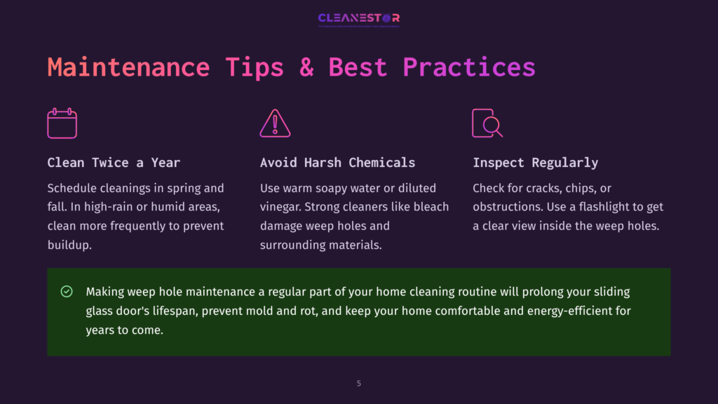 5 Maintenance Tips And Best Practices Maintenance Tips For Sliding Glass Doors: Clean Twice A Year, Avoid Harsh Chemicals, And Inspect Regularly. Includes Icons For Each Tip And A Checklist Item About Maintaining Weep Holes.