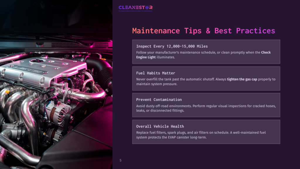 Close-Up Of A Clean, Silver Car Engine With Chrome Accents And Red Hoses, Featuring The Text &Quot;Cleanestor Maintenance Tips &Amp; Best Practices&Quot; Overlayed.