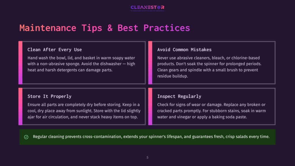 5 Maintenance Tips And Best Practices 3 Image Displaying &Quot;Maintenance Tips &Amp; Best Practices&Quot; For A Salad Spinner, With Sections On Cleaning, Storage, And Inspection. The Text &Quot;Cleanestor&Quot; Is Visible At The Top.