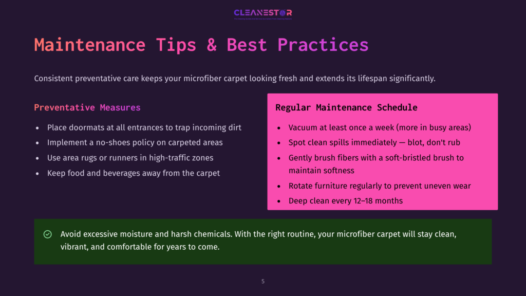 5 Maintenance Tips And Best Practices 6 Cleanestor Maintenance Tips &Amp; Best Practices Infographic. Lists Preventative Measures Like Using Doormats And A No-Shoes Policy, And Regular Maintenance Like Vacuuming And Spot Cleaning.