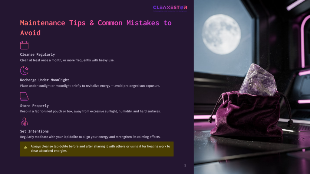 A Large, Faceted Amethyst Crystal Rests In A Plush Purple Velvet Pouch On A Reflective, Futuristic Surface, Bathed In The Soft Glow Of A Full Moon Visible In The Dark, Starry Background. Text On The Left Provides &Quot;Maintenance Tips &Amp; Common Mistakes To Avoid&Quot; For Lepidolite.