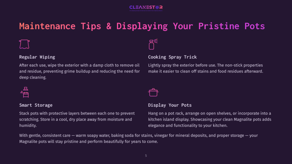 Diagram Showing How To Care For And Display Pristine Pots, With Icons For Wiping, Spraying, Smart Storage, And Display.