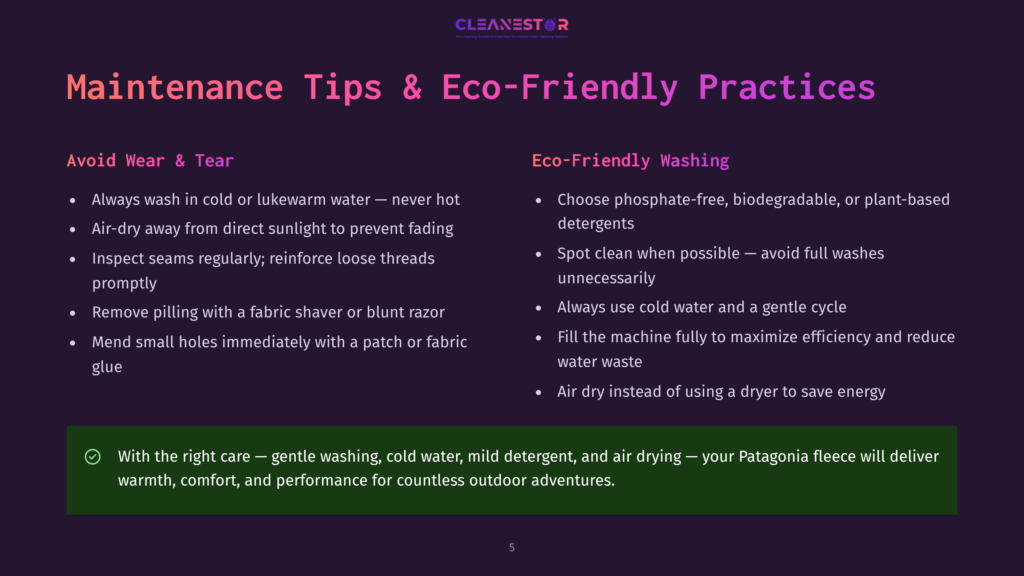 5 Maintenance Tips And Eco Friendly Practices Maintenance Tips &Amp; Eco-Friendly Practices: Avoid Wear &Amp; Tear With Proper Washing, Air-Drying, And Mending. Eco-Friendly Washing: Use Phosphate-Free Detergents, Cold Water, And Avoid Unnecessary Dryer Use.