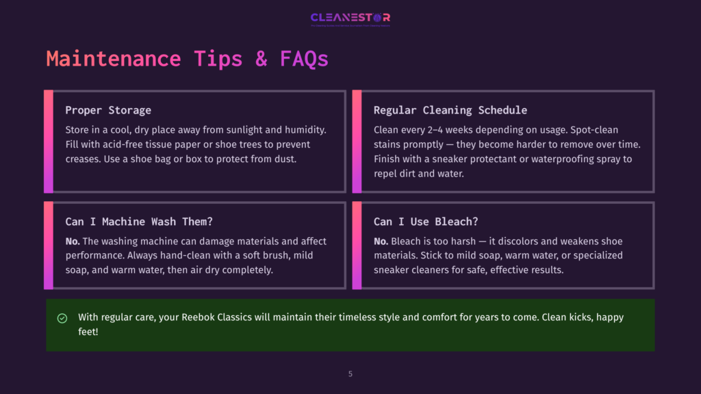 Infographic With Text: &Quot;Maintenance Tips &Amp; Faqs&Quot; For Reebok Classics. Sections Include &Quot;Proper Storage,&Quot; &Quot;Regular Cleaning Schedule,&Quot; &Quot;Can I Machine Wash Them?&Quot;, And &Quot;Can I Use Bleach?&Quot;.