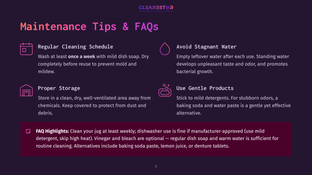 Infographic With Tips For Cleaning And Maintaining A Jug. Sections Include &Quot;Regular Cleaning Schedule,&Quot; &Quot;Avoid Stagnant Water,&Quot; &Quot;Proper Storage,&Quot; &Quot;Use Gentle Products,&Quot; And &Quot;Faq Highlights&Quot; Detailing Cleaning Advice.