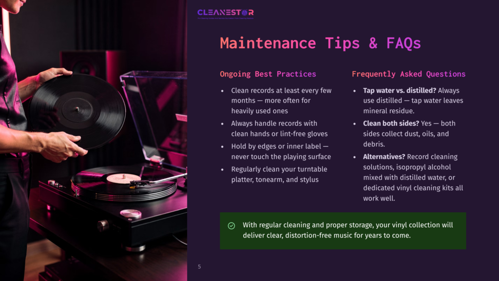 Close-Up Of A Person'S Hands Holding A Vinyl Record Over A Turntable, With Text Overlay &Quot;Cleanestor Maintenance Tips &Amp; Faqs&Quot; And &Quot;Ongoing Best Practices&Quot; And &Quot;Frequently Asked Questions&Quot;.