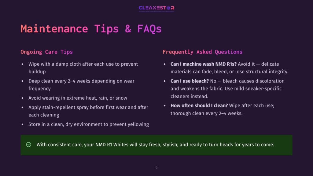 5 Maintenance Tips And Faqs 14 Cleanestor Logo With Text &Quot;Maintenance Tips &Amp; Faqs&Quot; And Bulleted Lists For Ongoing Care And Frequently Asked Questions About Shoe Cleaning.