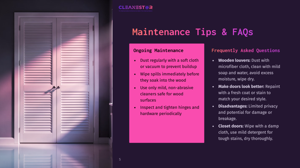 Maintenance Tips And Faqs For Wooden Louvers, Featuring A Light Pink Wooden Door With A Soft Glow Illuminating It, Positioned Against A Dark Background.