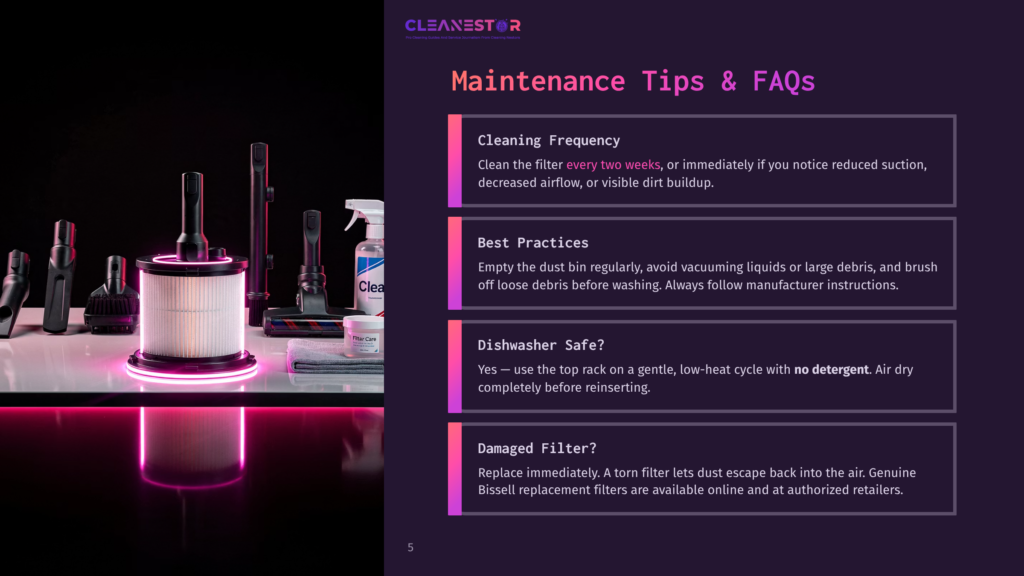 Close-Up Of A Cleanestor Vacuum Cleaner Filter And Accessories, Including Brushes And A Cleaning Spray Bottle, On A Dark Reflective Surface With Pink Lighting.