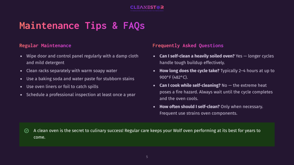 A Dark Purple Webpage With A Title &Quot;Maintenance Tips &Amp; Faqs&Quot; Includes Sections On Regular Maintenance And Frequently Asked Questions, With Tips Such As Using A Damp Cloth To Wipe The Door And Control Panel, And Questions About Self-Cleaning A Heavily Soiled Oven.