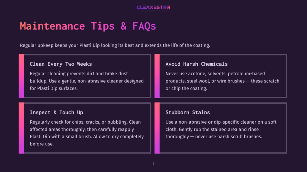 Infographic With Title &Quot;Maintenance Tips &Amp; Faqs&Quot; For Plasti Dip, Featuring Four Panels With Tips On Cleaning, Avoiding Harsh Chemicals, Inspecting, And Handling Stubborn Stains.