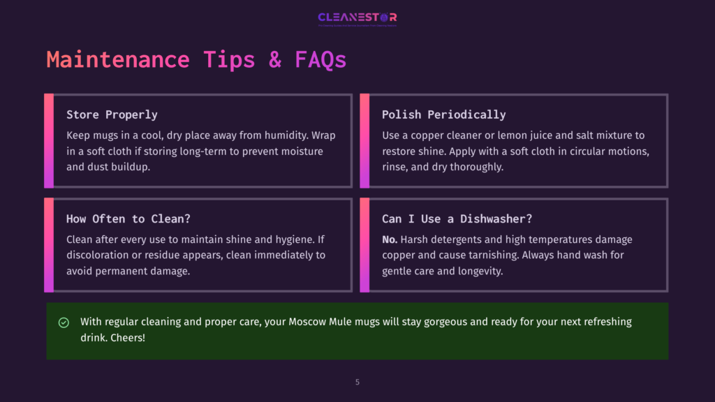 5 Maintenance Tips And Faqs 4 Infographic With Dark Purple Background And Neon Pink And Green Text Titled &Quot;Maintenance Tips &Amp; Faqs&Quot; For Cleaning And Storing Copper Mugs. Sections Include &Quot;Store Properly,&Quot; &Quot;Polish Periodically,&Quot; &Quot;How Often To Clean?&Quot;, And &Quot;Can I Use A Dishwasher?&Quot;.