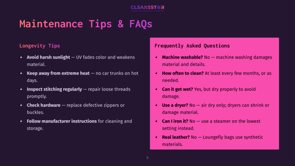 A Blog Page With A Purple Background Displays Maintenance Tips And Faqs. The Tips Include Avoiding Harsh Sunlight, Keeping Away From Extreme Heat, And Inspecting Stitching Regularly. The Faqs Cover Whether It'S Machine Washable, How Often To Clean It, The Possibility Of Getting It Wet, Using A Dryer, Ironing, And The Material Of The Bag.