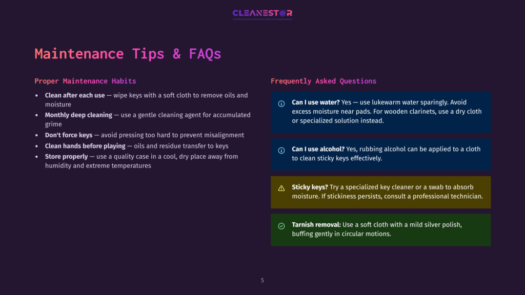 Cleanestor Maintenance Tips And Faqs For Musical Instruments, Including Proper Cleaning And Care Advice.