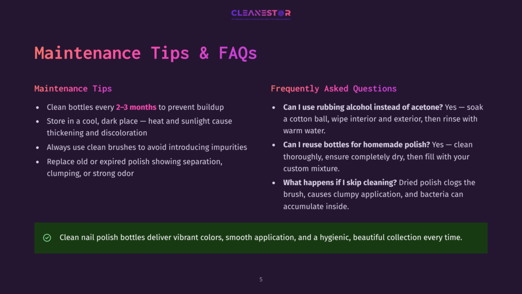 A Dark Purple Slide With &Quot;Maintenance Tips &Amp; Faqs&Quot; In Bright Pink And White Text. Left Side Lists Maintenance Tips For Nail Polish Bottles, Right Side Answers Frequently Asked Questions About Nail Polish. A Green Checkmark With Text About Keeping Nail Polish Vibrant Is At The Bottom.