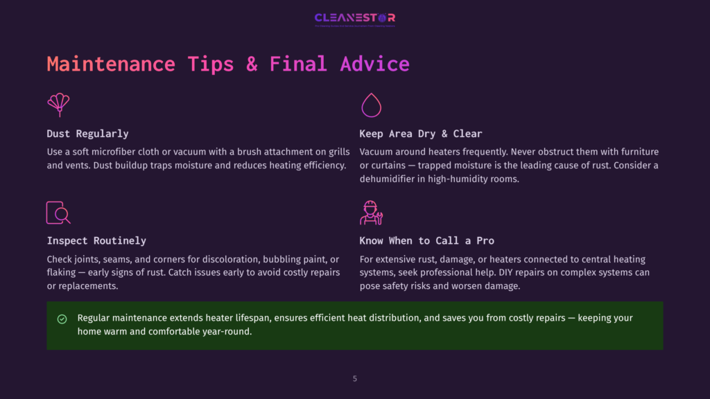 5 Maintenance Tips And Final Advice Cleanestor Logo With Text &Quot;Maintenance Tips &Amp; Final Advice&Quot; And Icons For Dust Removal, Area Dryness, Inspection, And Calling A Professional For Hvac Maintenance.