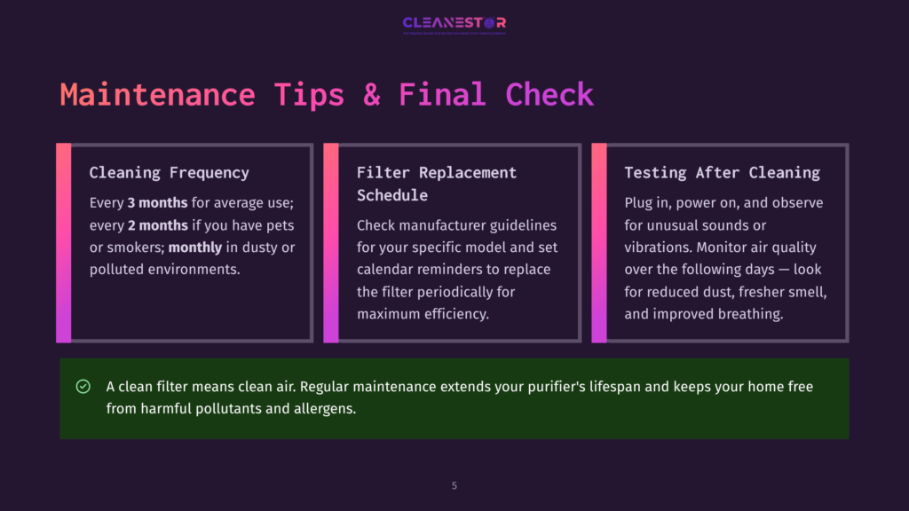 Graphic With Three Columns Detailing Air Purifier Maintenance: Cleaning Frequency (Monthly/Every 3 Months), Filter Replacement Schedule, And Testing After Cleaning. Text Emphasizes Clean Air Benefits.