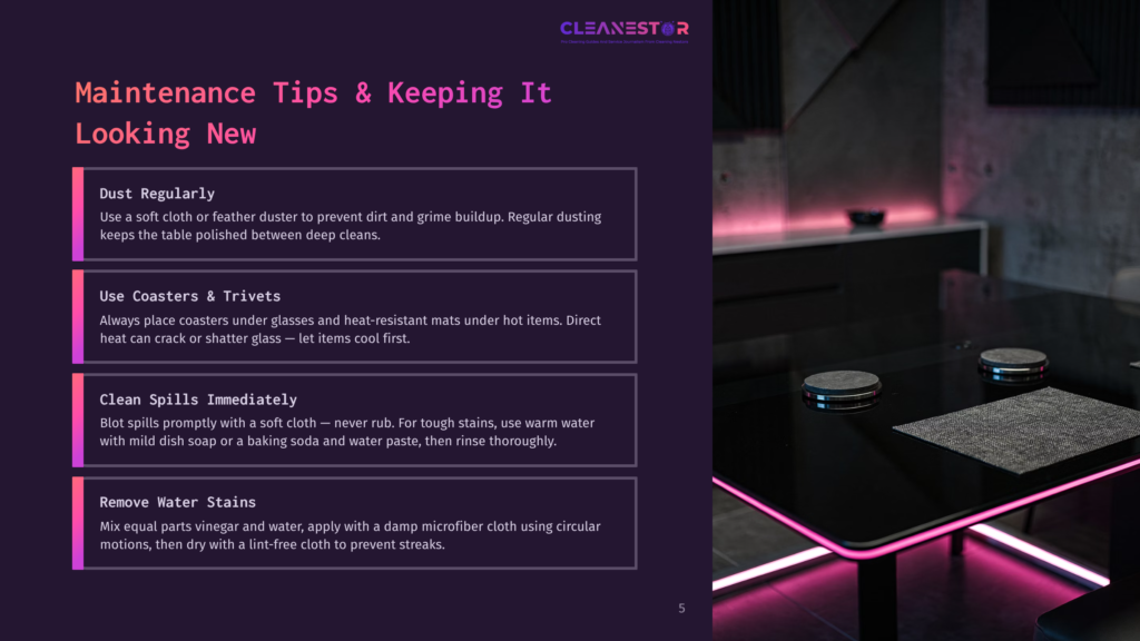 A Modern Dining Table With A Sleek Black Top And Glowing Pink Led Trim, Featuring Two Circular Placemats And A Set Of Coasters. Text Overlay Provides Maintenance Tips For Keeping Furniture Looking New.